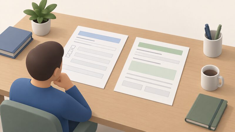A desk scene showing a small-scale generator's G98/NI connection application form being reviewed beside a separate supplier purchase contract, with the two documents laid apart to show the network connection and the export payment are distinct processes.