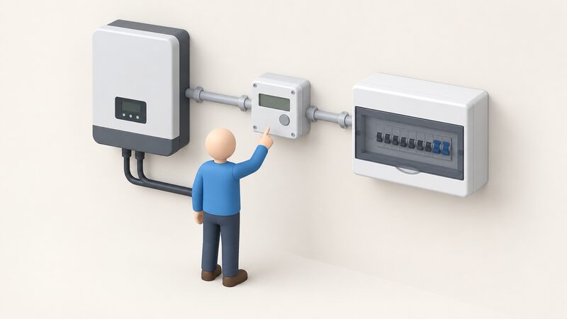 A wall-mounted consumer unit with a separate generation meter beside it, connected by conduit to a solar inverter, with a simplified isometric figure pointing at the generation meter to show generated electricity is measured separately from household circuits.