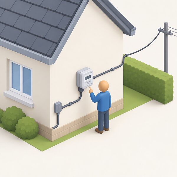 A simplified isometric view of a house's outside wall with an export electricity meter mounted on it, its cable running from the household supply side and onward toward the grid, with a small figure standing beside it reading the recorded units.