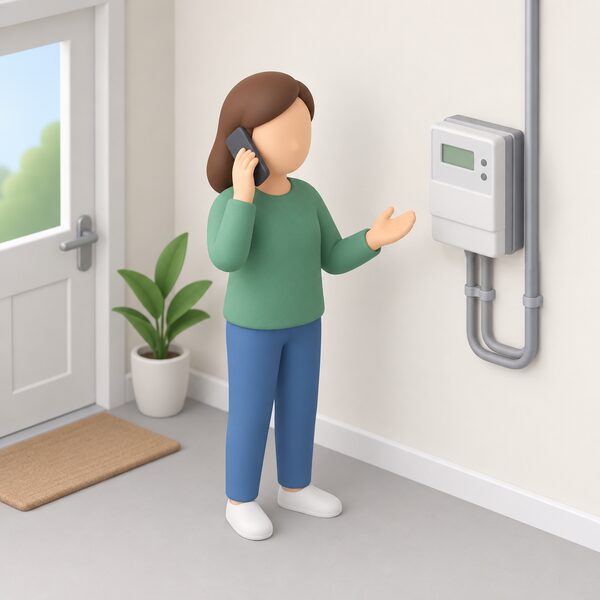 A simplified householder stands indoors beside a domestic electricity meter on an outside wall, holding a phone to their ear as they speak to their energy supplier about an export tariff.