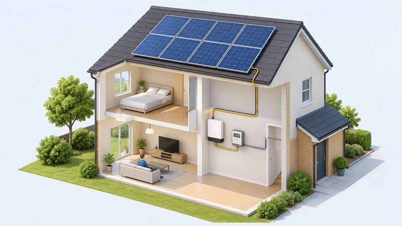 A domestic solar panel array on a house roof with an inverter and a generation meter on the wall inside, connected so the meter sits between the array's output and the household's electricity supply.