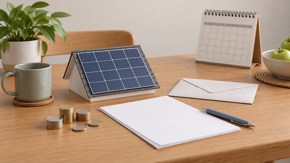 A small rooftop solar panel model stands on a kitchen table beside blank paperwork, a sealed envelope, a handful of coins and a wall calendar, representing a household arranging payment for exported electricity.