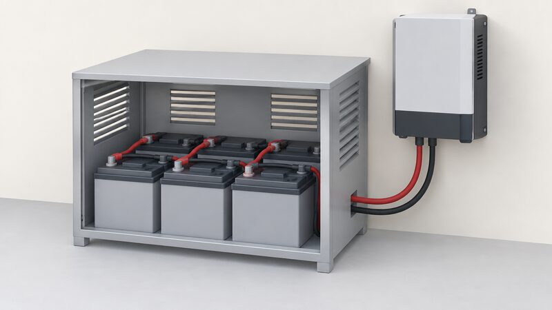 An open ventilated enclosure holding a bank of deep-cycle batteries connected by heavy cables, with an off-grid inverter unit mounted alongside on the wall, heavy cabling linking the battery bank to the inverter.