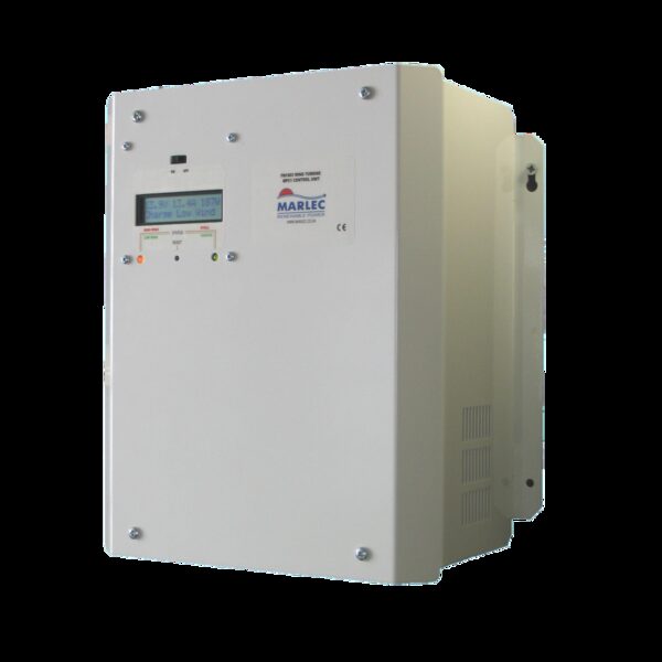 A Marlec wall-mounted wind turbine charge controller unit with a small display and status lights on a grey metal enclosure