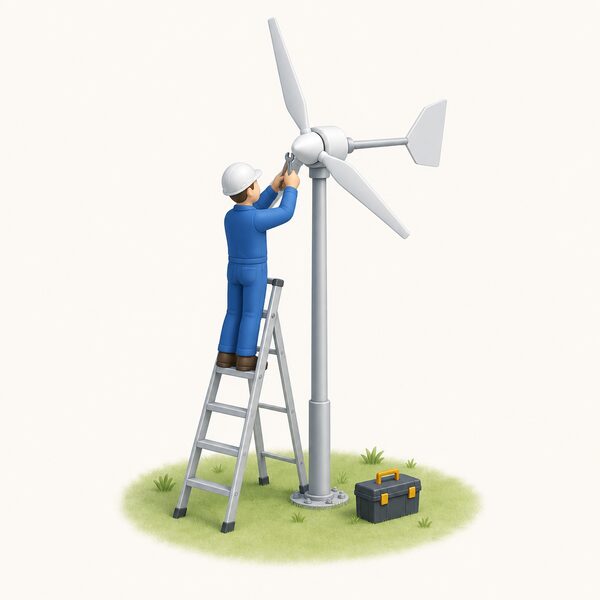 A technician on a ladder beside a small three-bladed windcharger mounted on a pole, inspecting the turbine with a hand tool while a toolbox rests at the base of the mast on open ground.