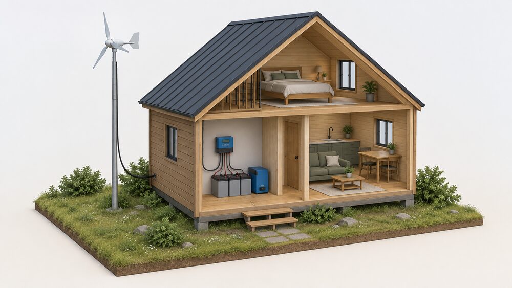 A cutaway scene of a small off-grid cabin with a small wind turbine on a tall pole outside, its cable running indoors to a charge controller and a battery bank on the floor, with an inverter beside them.