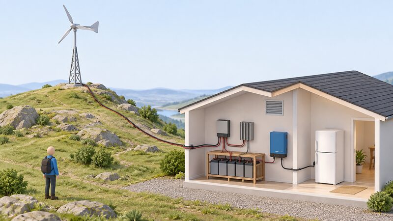 A simplified cutaway diagram scene showing a small wind turbine on a tower on high open ground, with a long cable run descending to a controller with dump load, then to a ventilated battery bank and an inverter feeding a household appliance.