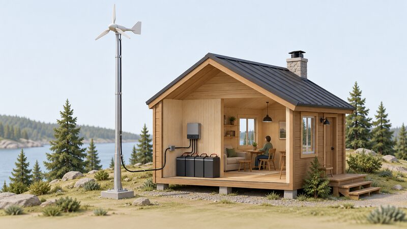 A small windcharger on a tall pole beside a simple off-grid cabin, with a cable running down the pole and into the cabin wall to a battery bank and controller inside.