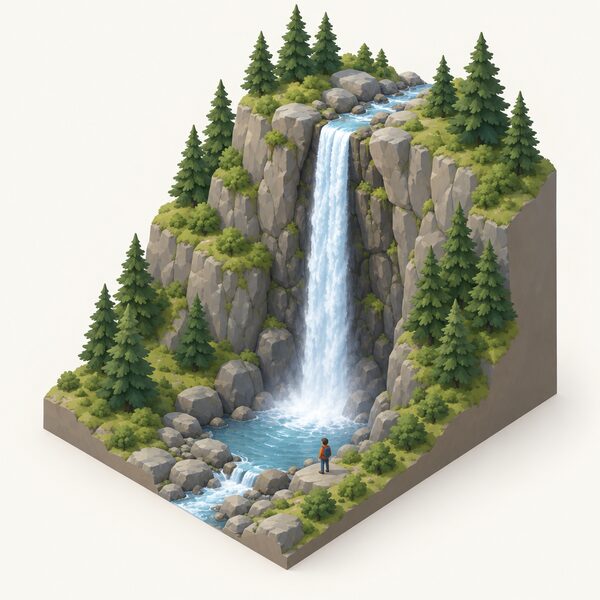 A steep wooded hillside where a small upland stream plunges over a rocky ledge in one tall vertical fall, with a simplified isometric figure standing at the base looking up to judge the height of the drop against the trees beside it.