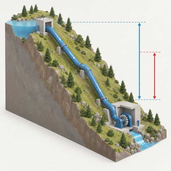 A hillside scene showing a long penstock pipe running down a slope from a high intake to a Pelton turbine at the bottom, with a bend or two in the pipe and a simple cutaway or marker showing the water level dropping between gross head at the top and lower net head at the turbine.