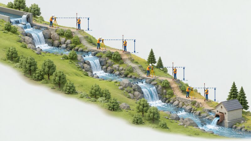 A surveyor with a level stands on a sloping stream bank, measuring the vertical fall in stages down the route from the proposed intake point on the stream to the proposed turbine position below, recording each section along the way.