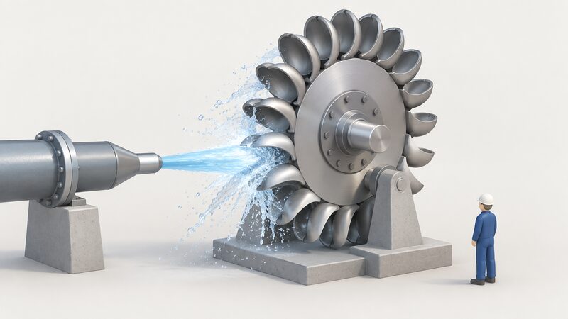 A close-up of a circular Pelton turbine runner with spoon-shaped buckets around its rim, one small isometric figure beside it, as a single high velocity jet of water from a nozzle strikes the buckets and spray flies off.