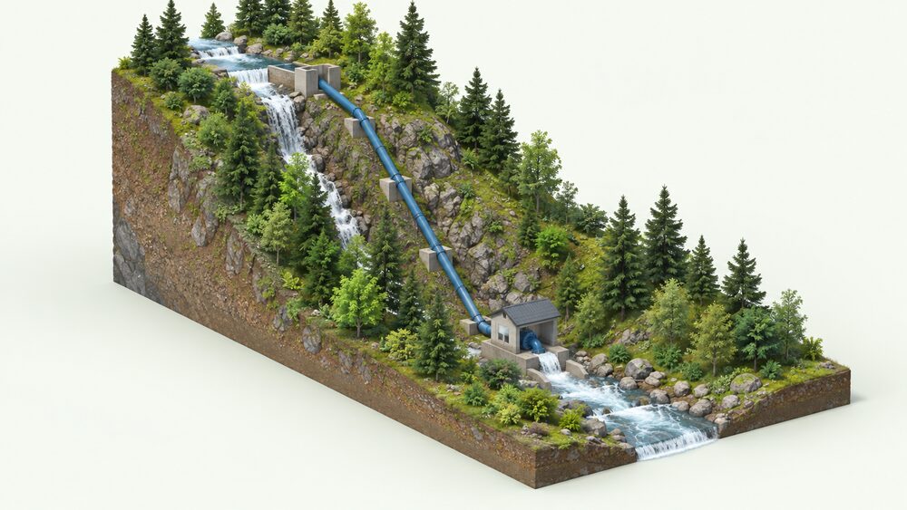 A steep wooded stream bank in cross-section showing a small intake weir high up where water diverts into a penstock pipe running down the slope to a small Pelton turbine at the bottom beside the stream, with the tall vertical drop between intake and turbine clearly visible.