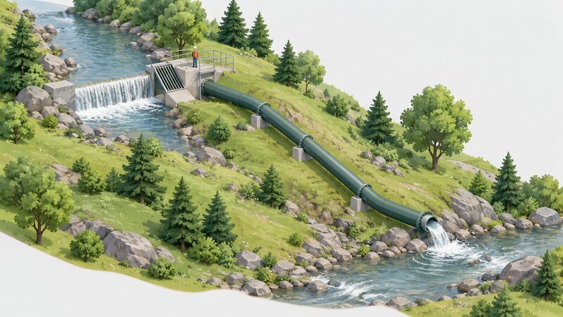 A small stream with a low weir diverting part of the flow through an intake screen into a sloping penstock pipe running downhill, with the water returning to the stream further downstream below the diversion.