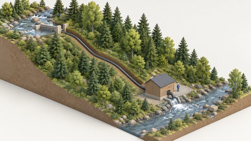 A small screened intake at a wooded stream with a buried penstock pipe running down the slope to a compact turbine house beside the stream, where water returns via an outfall.