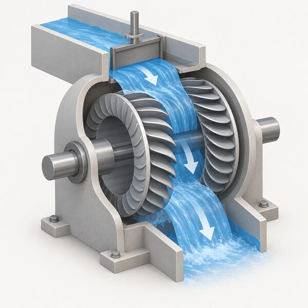 A cutaway view of a drum-shaped crossflow turbine runner with curved blades around a central shaft, water entering at the top through a rectangular guide vane, crossing the open centre and leaving at the bottom.