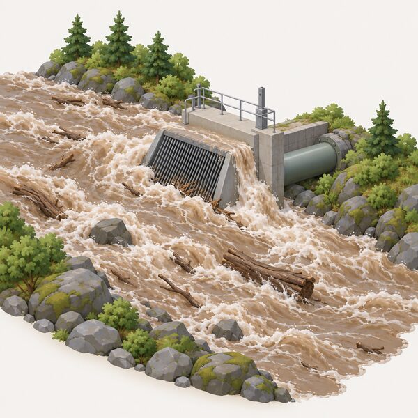 A swollen, muddy stream in flood rushing past a small screened intake built at its edge, with water spilling over and around the intake screen and down the stream channel instead of entering the penstock, while the intake structure sheds the excess flow.
