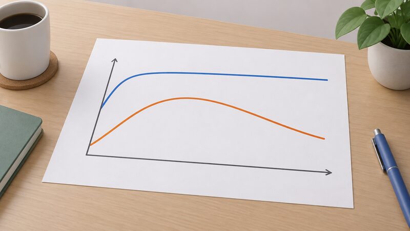 A printed chart sheet lying on a table showing two plain efficiency curves against flow rate: a Pelton curve staying high and flat across the range and a crossflow curve rising then falling away at low flow, with no numbers or words.
