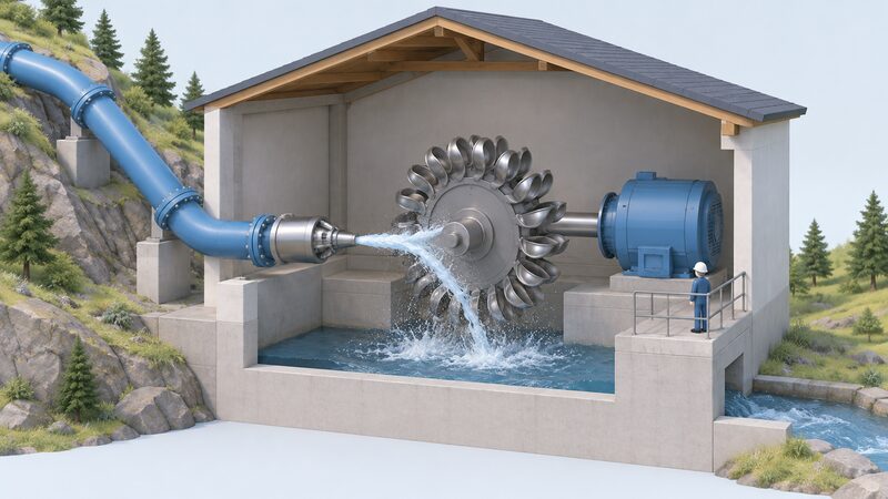 A cutaway view inside a small turbine house showing a Pelton runner with double-cupped buckets mounted on a shaft, with a penstock pipe entering and a nozzle firing a narrow high-velocity jet that strikes the split in one bucket and splashes into open air above the tailwater below.