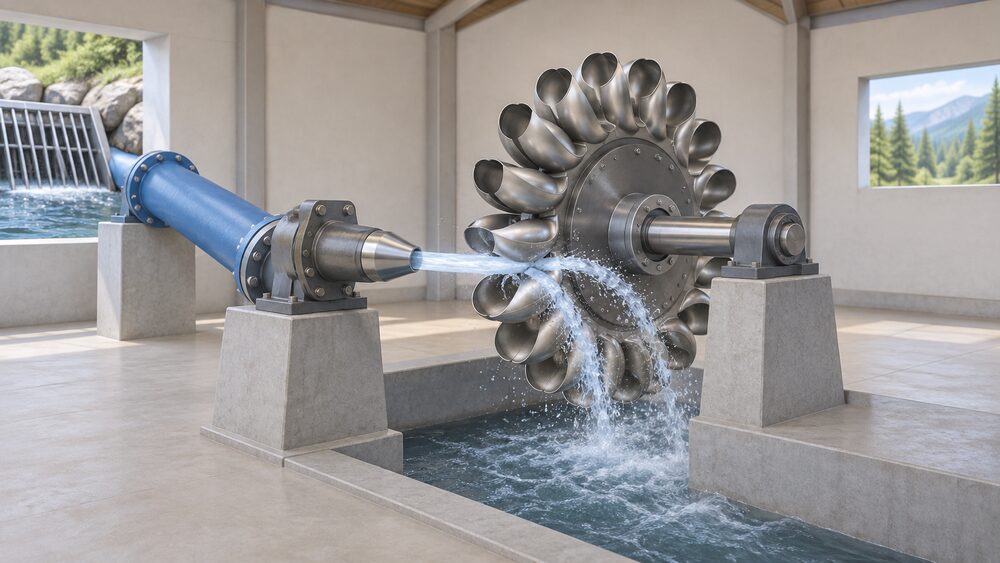 A close-up of a Pelton turbine runner, a wheel of double-cupped buckets, mounted in a small turbine house, with a nozzle firing a single high-velocity water jet at the split in one bucket so the water is turned back on itself, the runner sitting in open air above the tailwater.