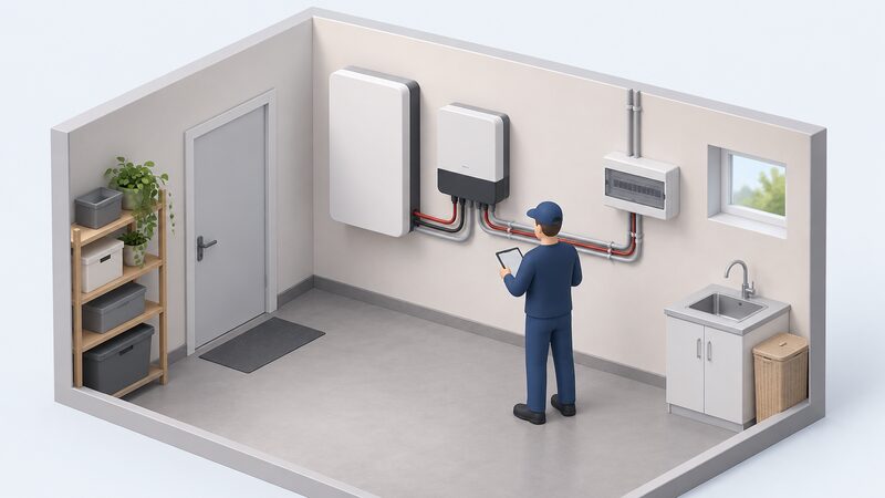 A small isometric utility room scene showing a wall-mounted battery storage unit and an inverter fixed side by side on the wall, with a simplified figure checking the installation, and cabling running neatly from the equipment along the wall to a consumer unit.