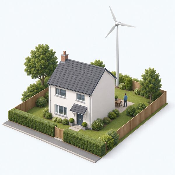 A small wind turbine on a slender pole in a garden behind a two-storey house, its hub and blade tips clearly higher than the roof ridge, with smooth clear air around the rotor while the house sits downwind below.