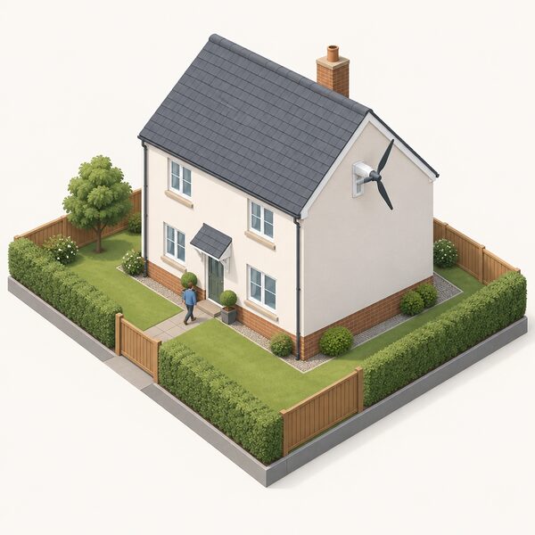 A small wind turbine mounted on the gable wall of a detached house, its blades clear of the ground and the whole installation kept within permitted development limits, shown as a simple cutaway scene of the house and its boundaries.