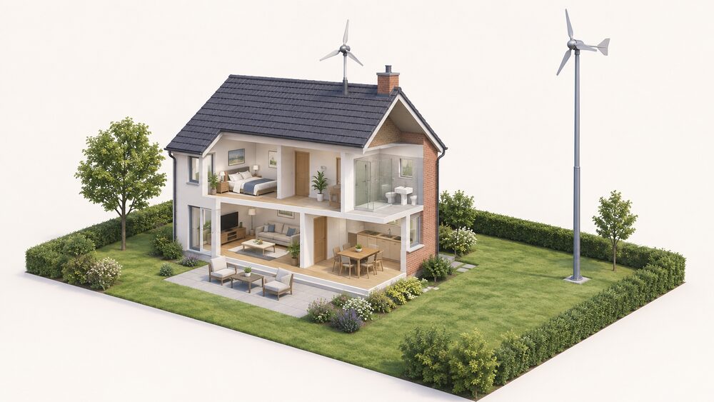 A detached house seen from outside with a small wind turbine bolted to its roof ridge and a second small wind turbine on its own free-standing mast in the open garden, the mast rotor sitting well above roof level in clear air.