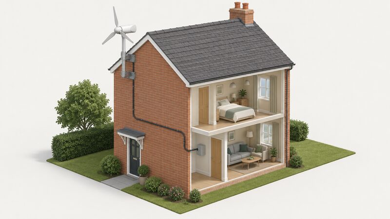 A small horizontal-axis wind turbine on a short mast bolted to the gable end wall of a two-storey brick house, with a cable running from the turbine down the wall and into the house, shown in a simple isometric cutaway.