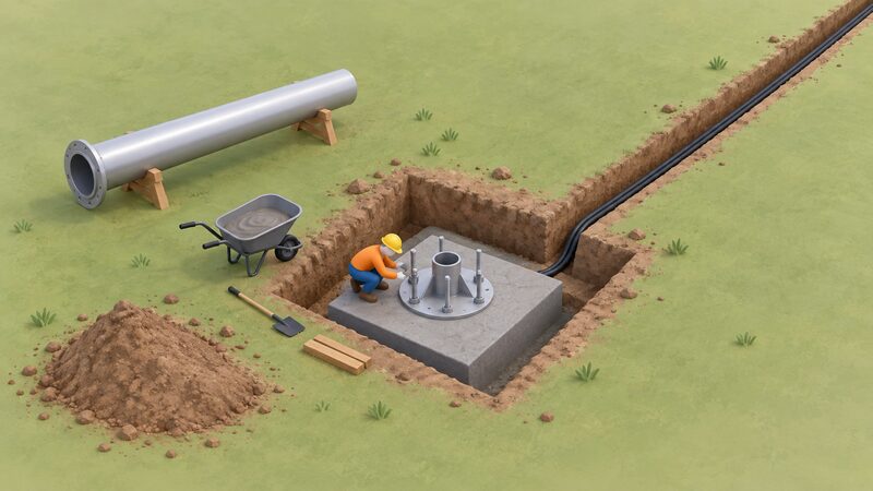 A small isometric figure prepares a concrete foundation pit for a pole-mounted wind turbine mast, with a ground anchor assembly being set into the wet concrete and a shallow cable trench running away from the pit across open ground.