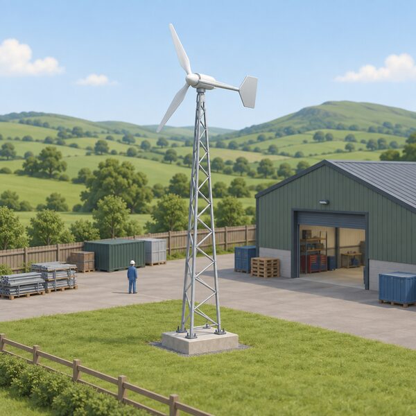 A small domestic wind turbine mounted on its tapered lattice tower in the yard of a low industrial manufacturing base in rural East Ayrshire, with rolling green Scottish hills behind and a simple workshop building beside it.