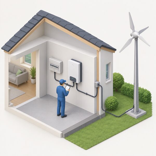 A wall-mounted inverter box inside a house, joined by a cable running through the wall to a small wind turbine on a tower outside and to the household consumer unit, with a technician checking the inverter.