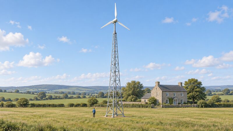 A small three-bladed upwind wind turbine mounted at the top of a tall lattice tower in open farmland, with a stone farmhouse in the background and no other structures nearby.