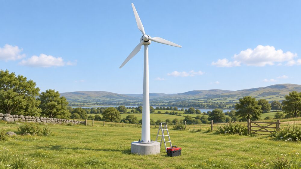 A pole-mounted, three-bladed upwind small wind turbine standing on a grassy rural site, its tapered tower rising from a concrete foundation, with an engineer's toolbox and ladder resting at the base ready for an independent servicing visit.