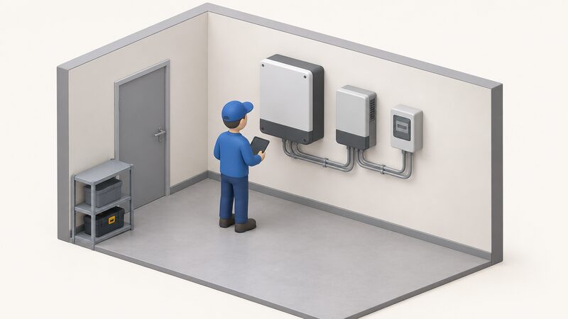 A small isometric figure inspects a wall-mounted wind turbine inverter and controller inside a simple plant room, with conduit running between the units and a generation meter mounted beside them on the wall.