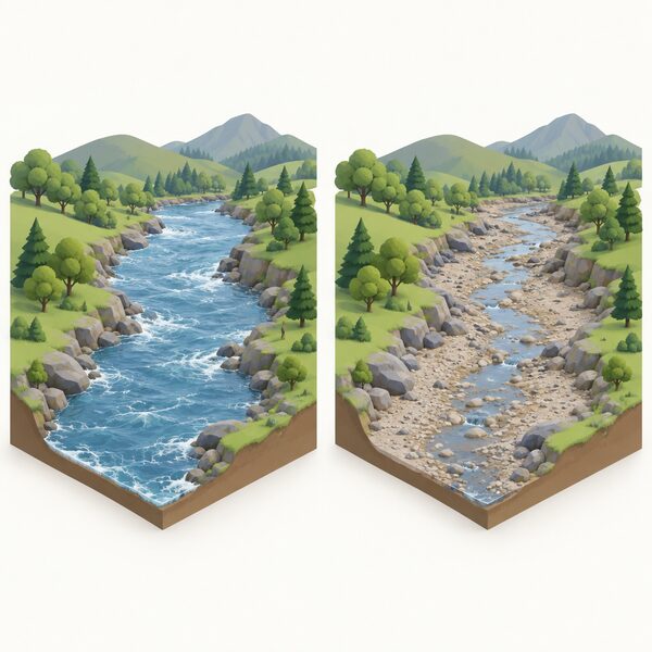 A natural river running through its channel in a simple landscape, drawn as one scene split to show the same channel full and fast in the wet season beside a low, shallow trickle in the dry season, with no scheme equipment shown.