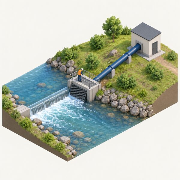 A small run-of-river intake built into the bank of a river, using the existing flow with a simple low weir, a screened intake and a short penstock running to a small turbine housing, with a simplified figure inspecting the intake.