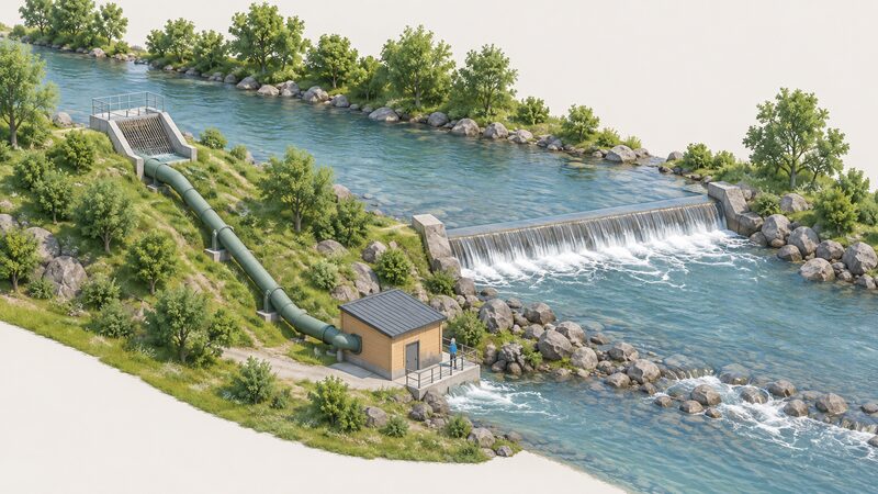 A small run-of-river hydro scheme on a river with a low weir, a screened intake at the upstream edge drawing the river's existing flow into a pipe that runs down to a small turbine house beside the bank, with no reservoir or stored water behind the weir.