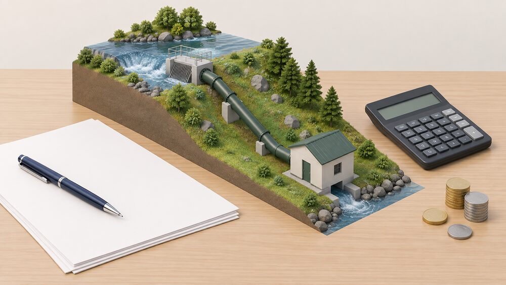 A small model of a run-of-river hydro scheme — a screened intake in a model riverbank feeding a penstock down to a tiny turbine house — sits on a table beside blank paperwork, a pen and a calculator, with a few coins alongside.