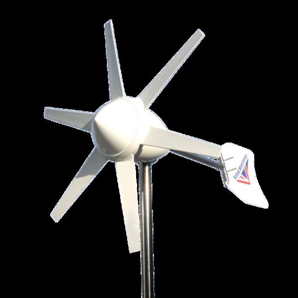 A white Rutland Furlmatic windcharger turbine with six blades on a mounting pole against a plain background