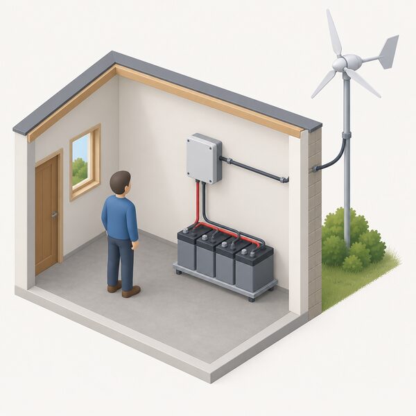 An isometric indoor scene showing a box-shaped HRDi charge controller wall-mounted inside a building, with one cable running from it toward an outside wall where a small wind turbine sits on a pole, and another cable running down to a battery bank on the floor.