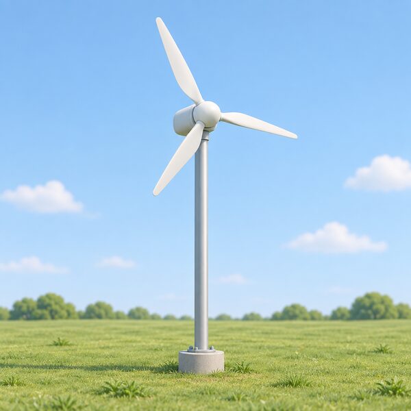 A small three-bladed wind turbine mounted at the top of a short pole outdoors, shown in a simple open setting with its nacelle and blades clearly visible as the current model design.