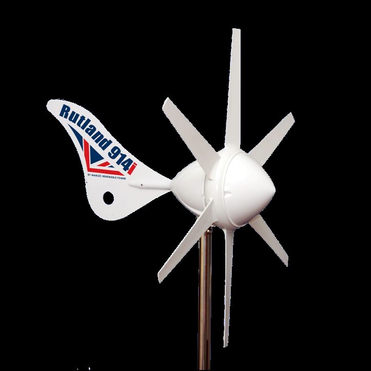 A white Rutland 914i micro wind turbine by Marlec shown on a mounting pole against a plain background