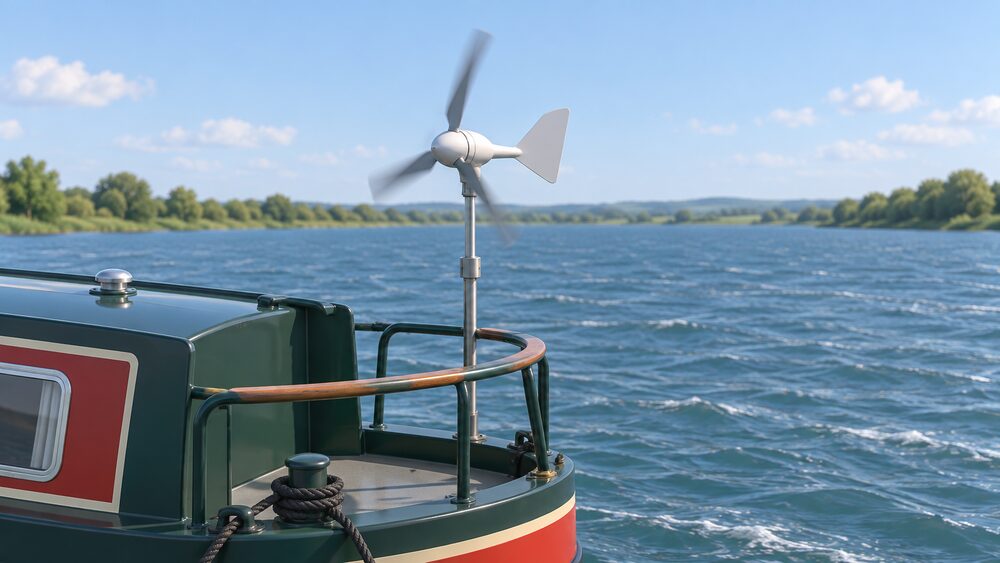 A close-up of a small three-bladed micro wind turbine mounted on a short mast at the stern of a narrowboat, its blades spinning in a stiff breeze over open water, with the boat's stern deck and railing visible below.