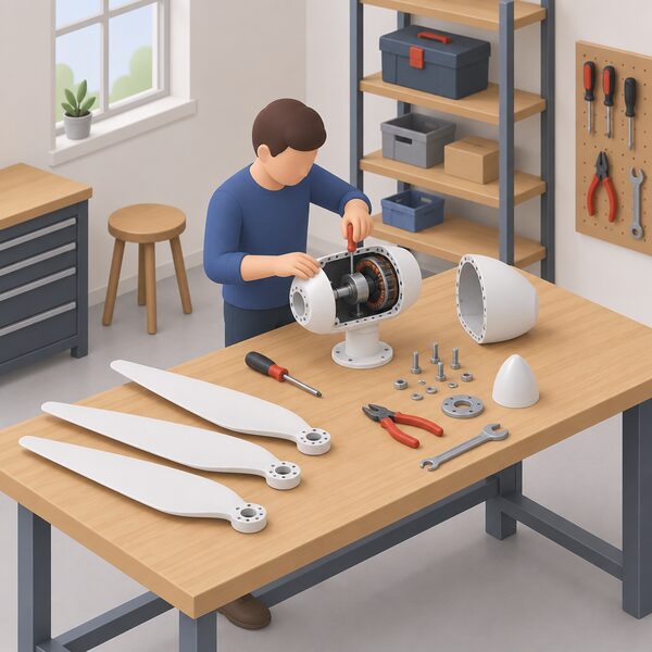 Inside a small British workshop, a simplified isometric figure at a workbench assembles a small wind turbine, with three blades laid out beside an open generator casing being fitted together, hand tools and spare parts on the bench around the partly built machine.