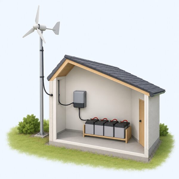 A small wind turbine on a mast outside a building, with a cable running down the mast to a charge controller mounted beside a battery bank of several batteries connected together, shown in a simple cutaway of a battery room.