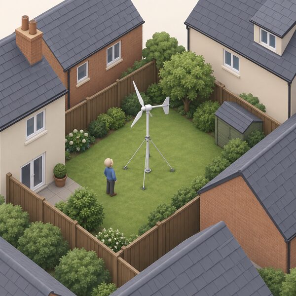 A small wind turbine on a short guyed mast stands in a small sheltered garden enclosed by neighbouring houses and fences, with a simplified isometric figure looking up at it, showing how surrounding buildings block the wind at an unsuitable built-up site.
