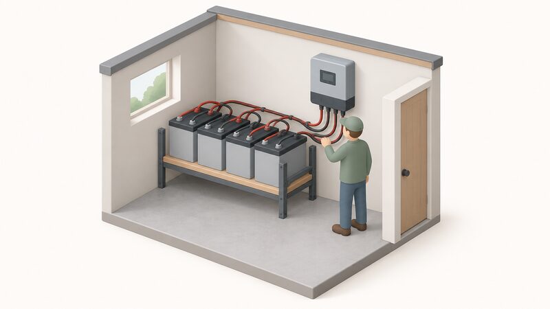 An off-grid plant room with a battery bank of several batteries on a shelf connected by thick cables to a wall-mounted charge controller, with a simplified figure checking the connections.
