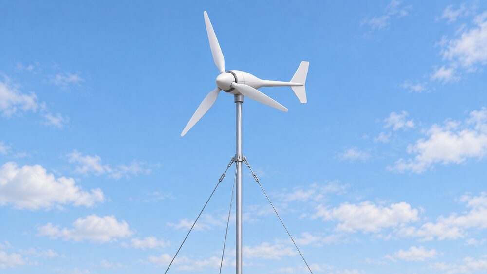 A small horizontal axis wind turbine with a three-blade propeller-style rotor mounted on a slim guyed pole, drawn close up against an open windy sky, with no building or roof in view.