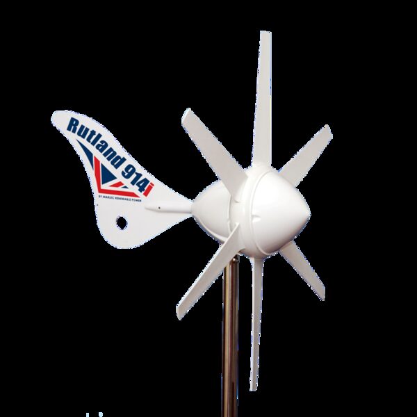 A white Rutland 914i micro wind turbine by Marlec shown on a mounting pole against a plain background